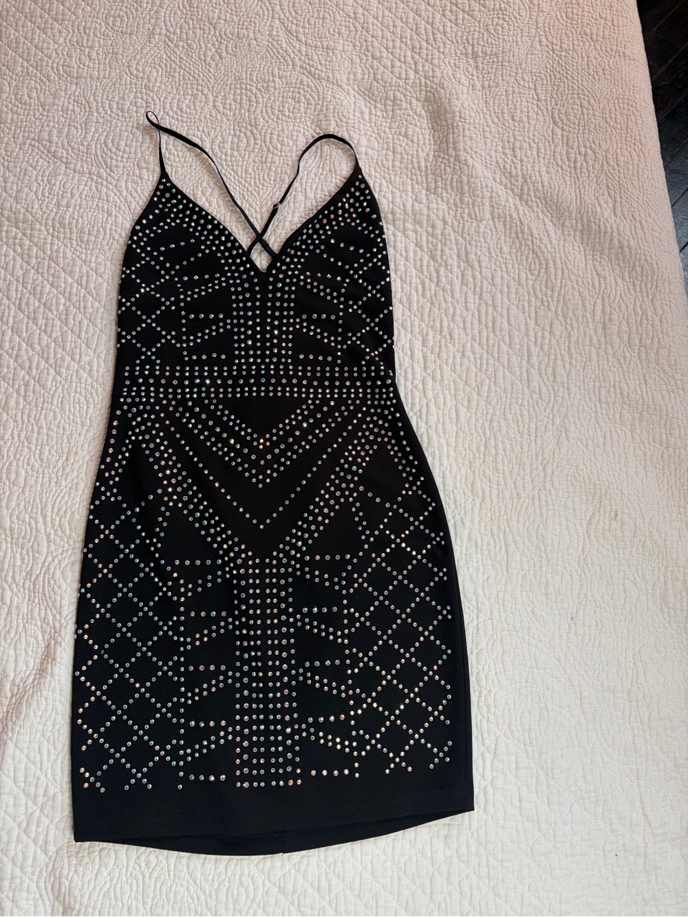 Black Studded V-Neck Mini Dress with Crisscross Straps